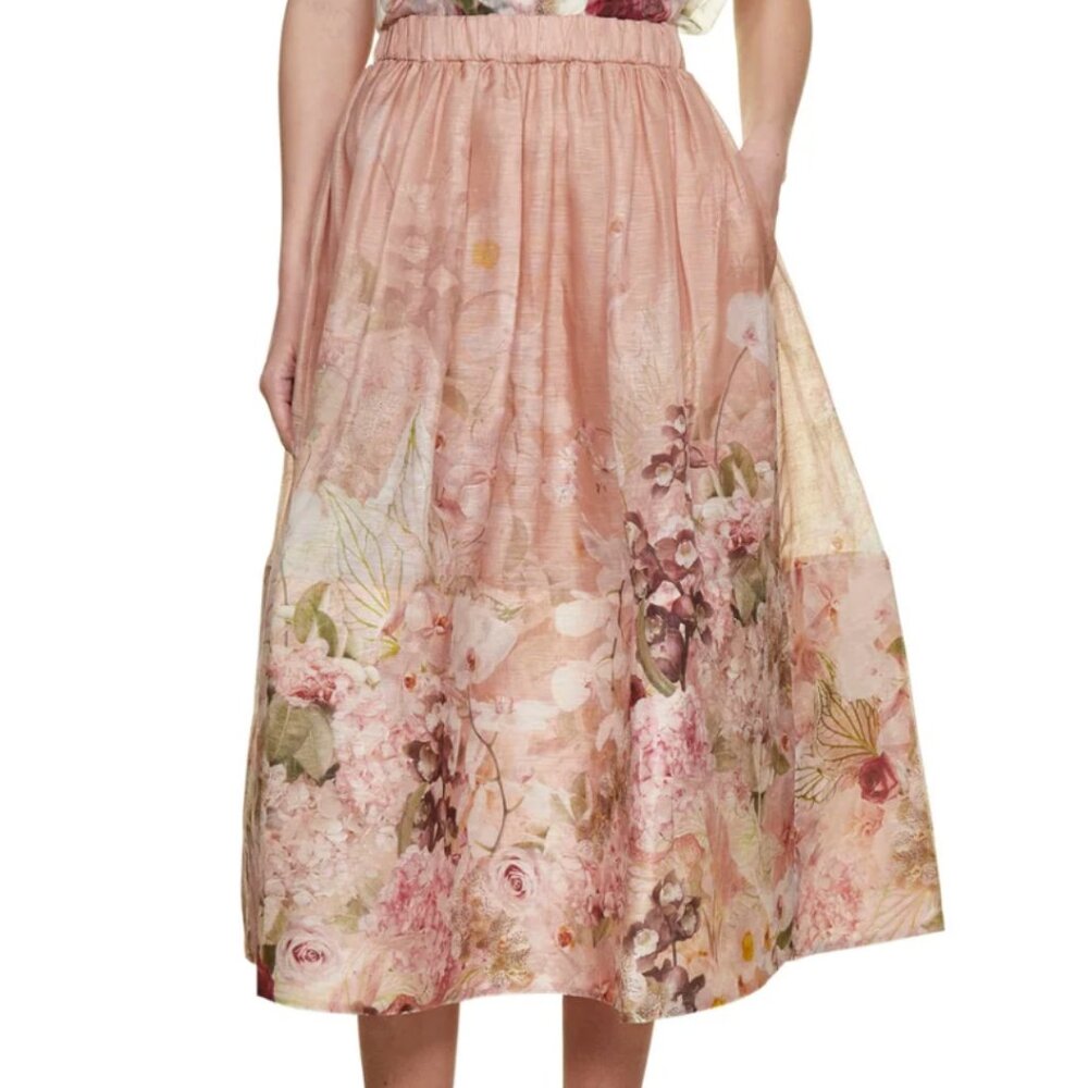 Zimmermann Dancer Floral Midi Skirt, Linen & Silk, Pink Blush, NWT, Large